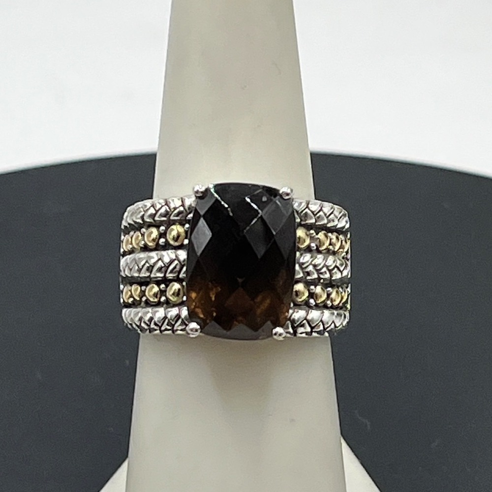Effy 925, 18k Cushion Cut Faceted Brown Smoky Quartz Chunky Caviar bead ring